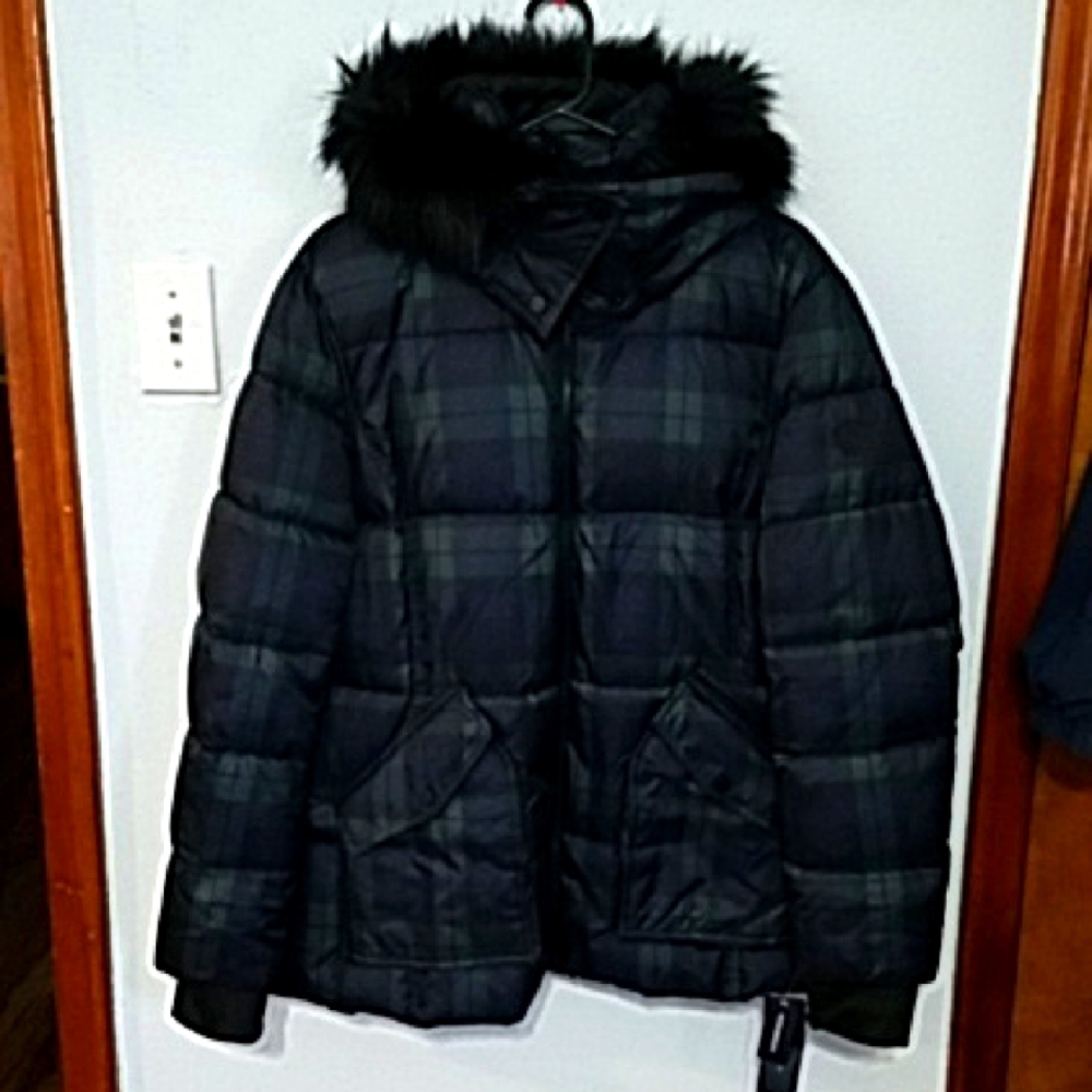 Plaid Puffer Jacket with Faux Fur Hood